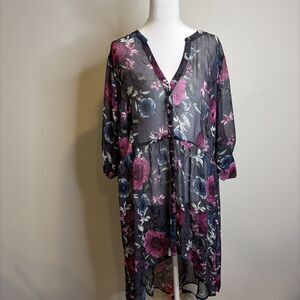Torrid Tunic Sz 2 (18/20) Sheer Black Pink Floral Hi-Lo Top Bohemian Whimsigoth
